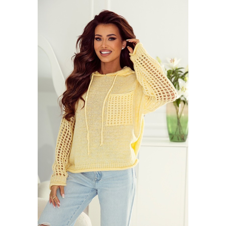 Krótki sweter bluza z kapturem i ażurowym rękawem damski Mary