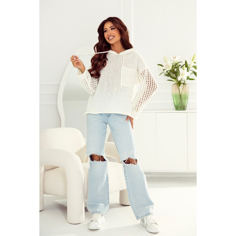 Krótki sweter bluza z kapturem i ażurowym rękawem damski Mary