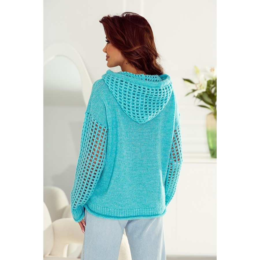 Krótki sweter bluza z kapturem i ażurowym rękawem damski Mary