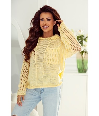 Krótki sweter bluza z kapturem i ażurowym rękawem damski Mary
