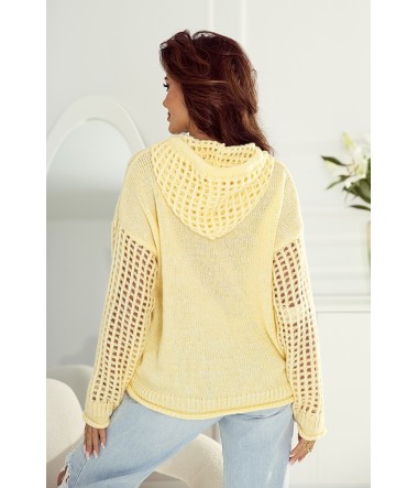Krótki sweter bluza z kapturem i ażurowym rękawem damski Mary