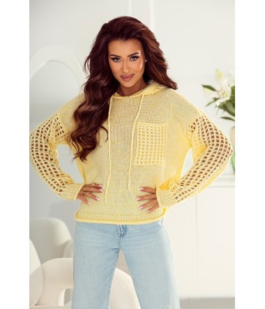 Krótki sweter bluza z kapturem i ażurowym rękawem damski Mary