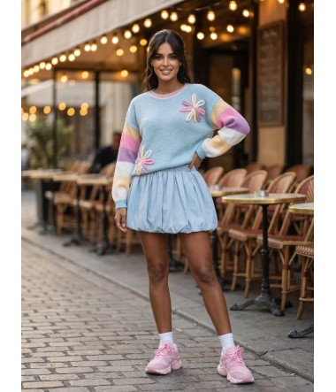 Kolorowy sweter z dekoracyjnymi kwiatami i rękawami oversize damski Dalia