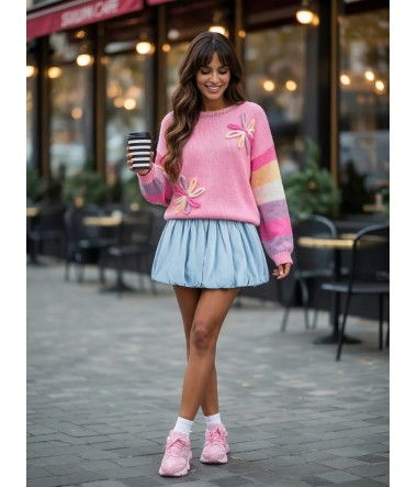 Kolorowy sweter z dekoracyjnymi kwiatami i rękawami oversize damski Dalia