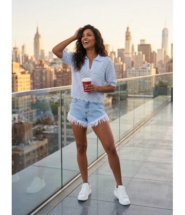 Krótki sweter z kołnierzem i delikatnym splotem damski Leo